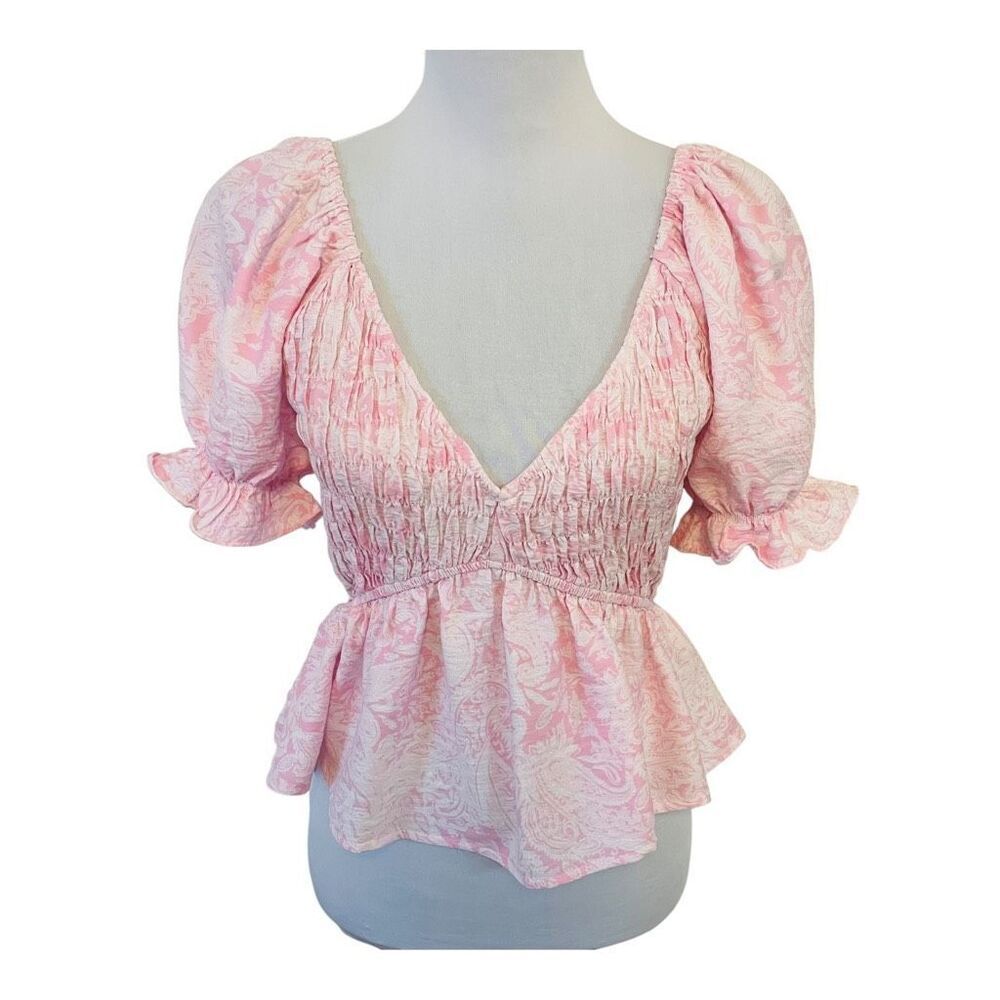 Aqua Puff Sleeve Coquette Peplum Smocked V-Neck Pink and White Top Size Medium